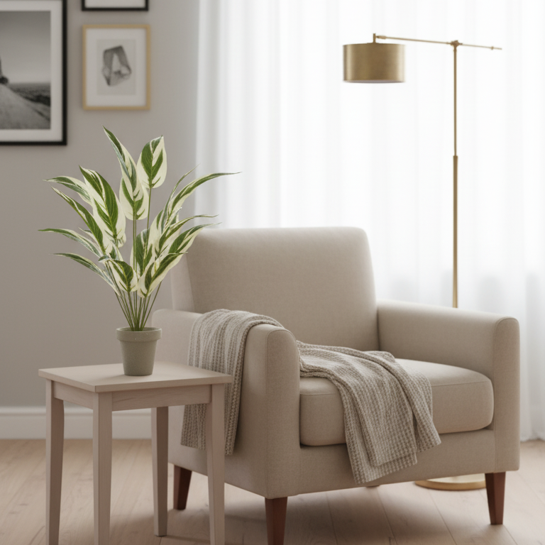 Artificial Green Leaf Plant in Beige Pot