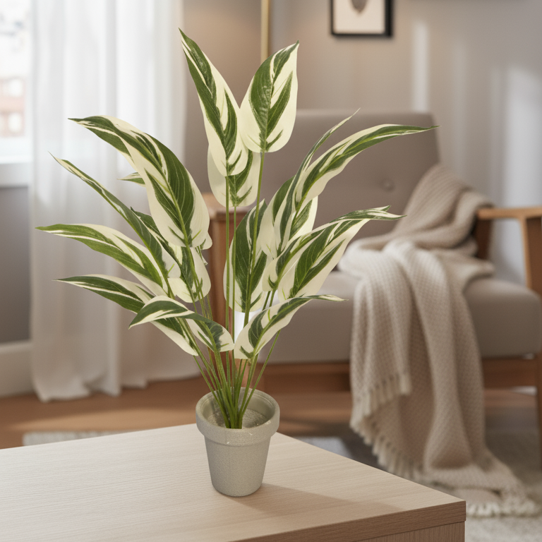 Artificial Green Leaf Plant in Beige Pot