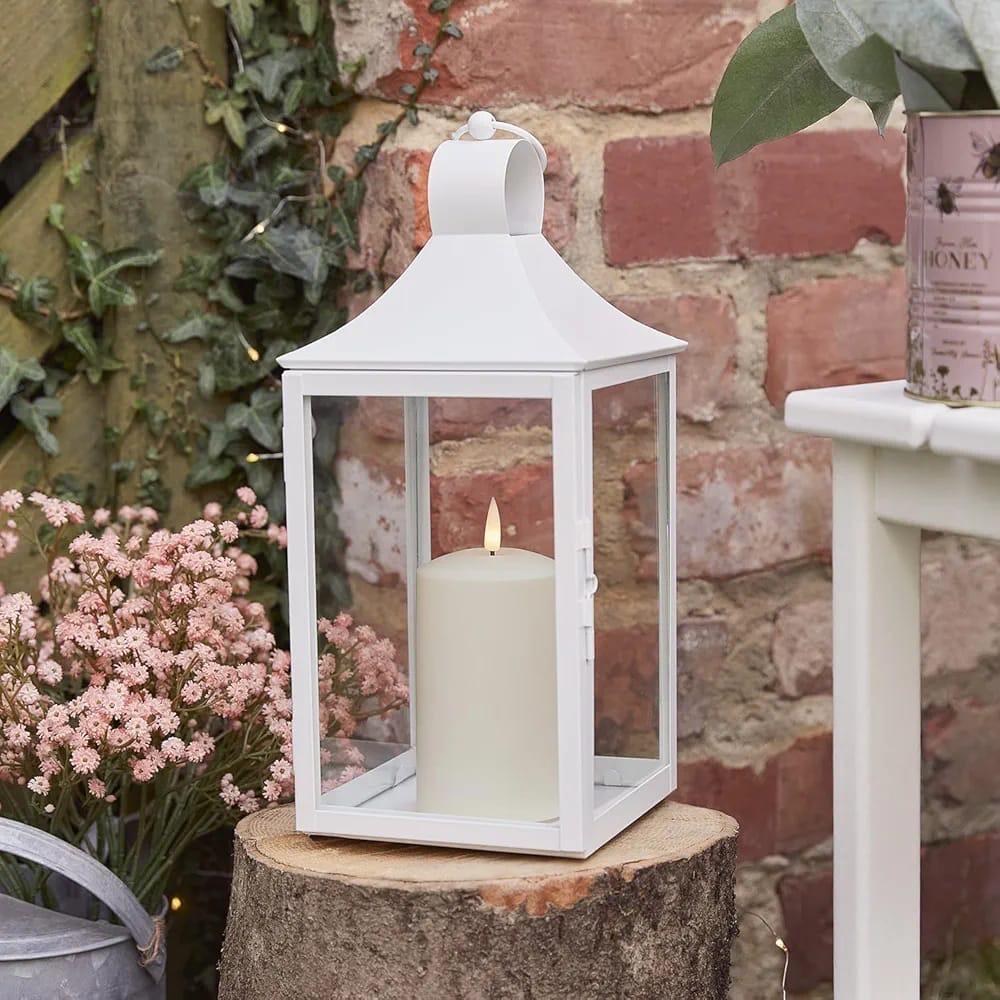 Lights4fun White Metal Lantern with TruGlow