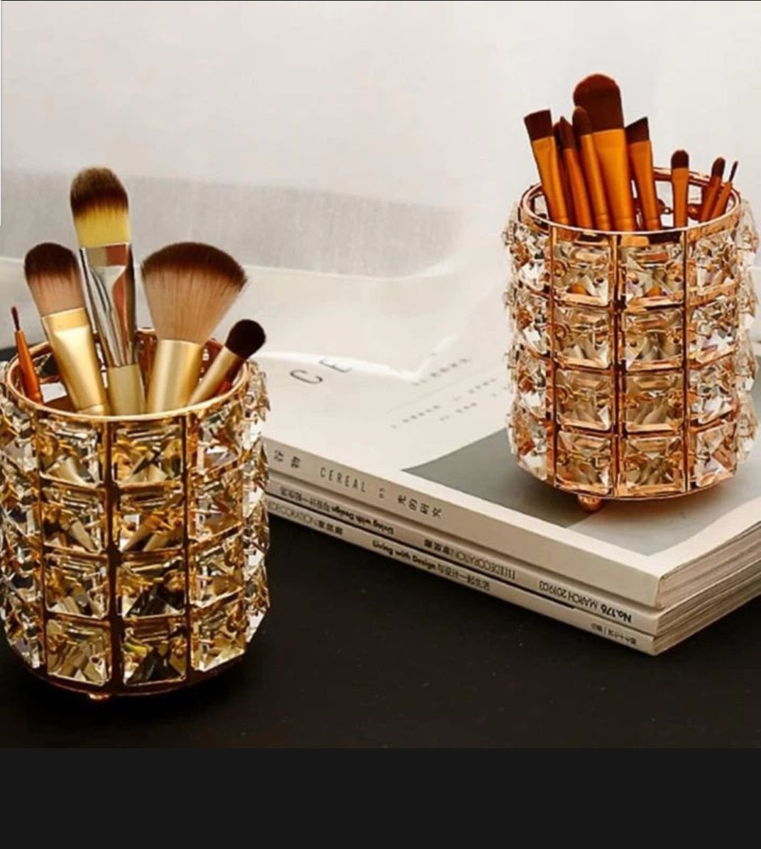 Crystal brush holder in golden color